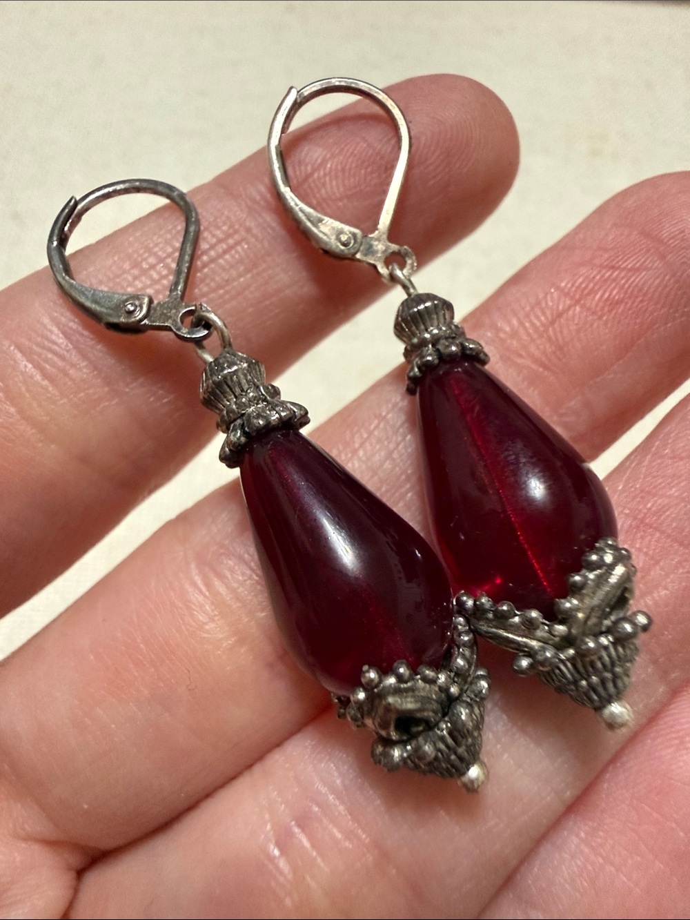 Elegant Sterling Burgundy Teardrop Dangle Earrings - Picture 2 of 10
